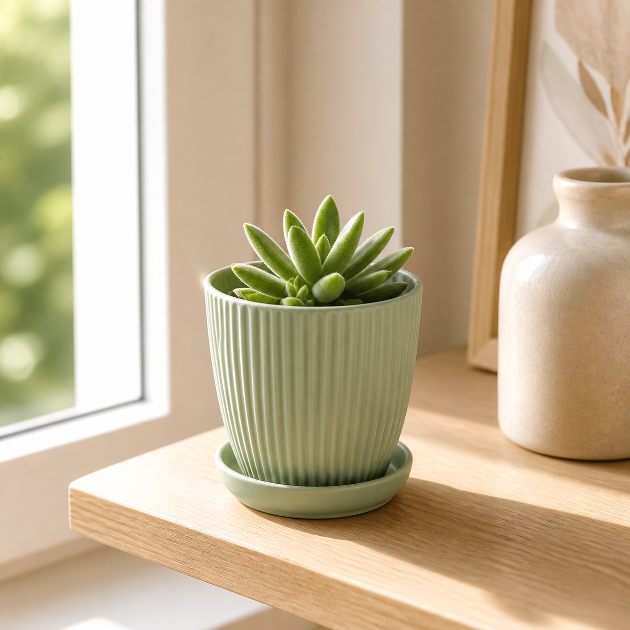 Cozy Haven Round Plant Pot with Tray lifestyle image 6 for Green / 9 cm