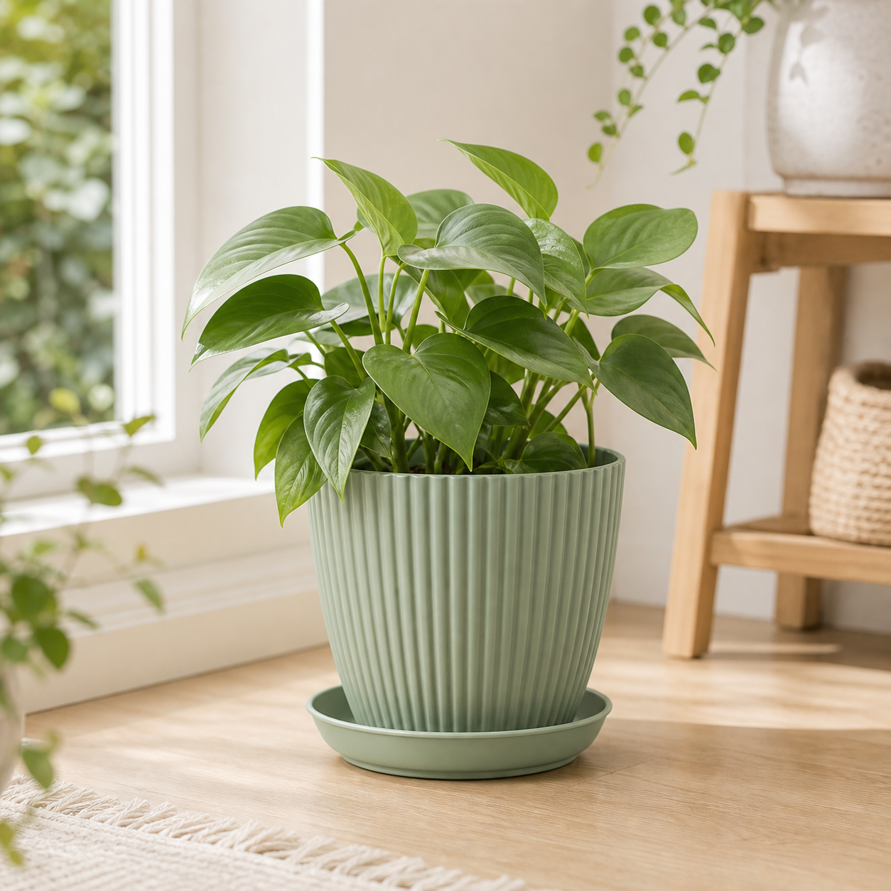 Cozy Haven Round Plant Pot with Tray lifestyle image 10 for Green / 17 cm