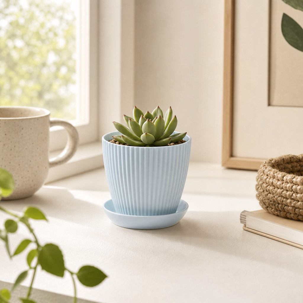 Cozy Haven Round Plant Pot with Tray lifestyle image 11 for Blue / 9 cm