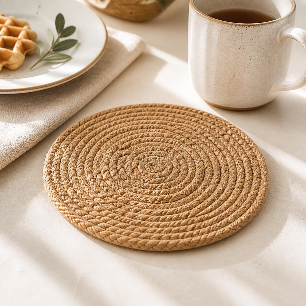 Cozy Haven Round Woven Coaster and Placemat - Yellowish Brown