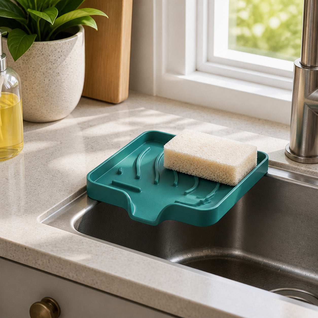 Cozy Haven Self-Draining Sink Caddy in Green on a kitchen sink edge