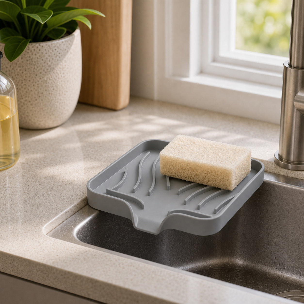 Cozy Haven Self-Draining Sink Caddy in Grey on a kitchen sink edge