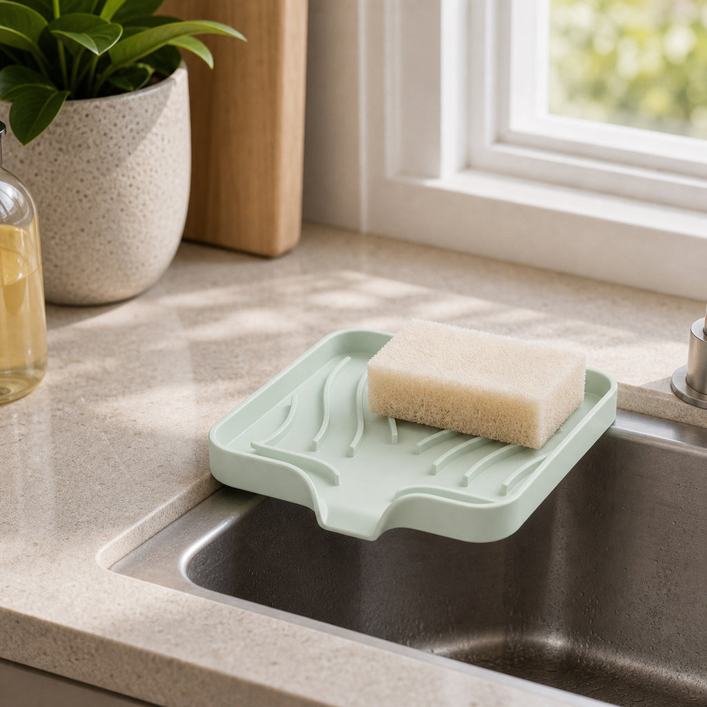 Cozy Haven Self-Draining Sink Caddy in Light Green on a kitchen sink edge