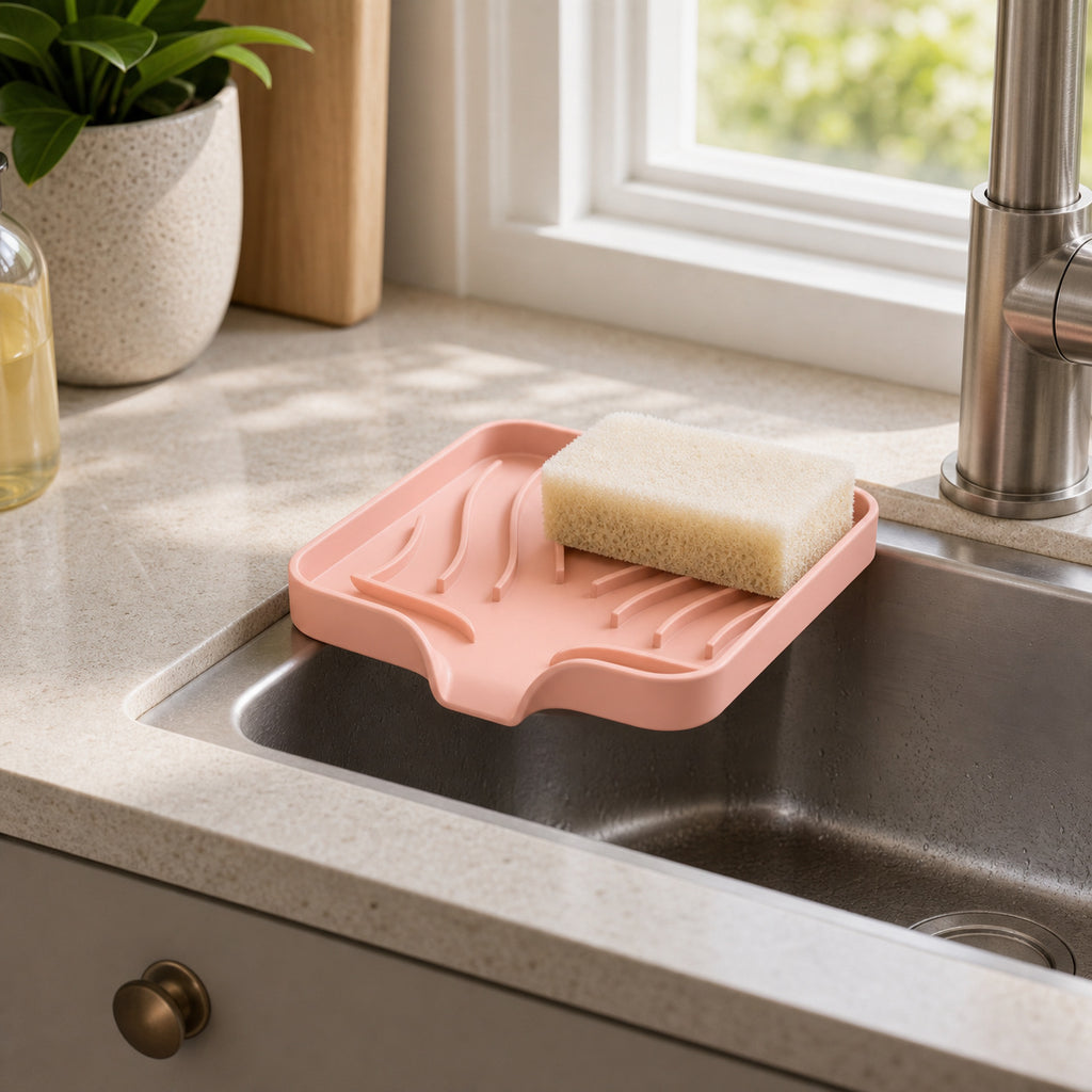 Cozy Haven Self-Draining Sink Caddy in Pink on a kitchen sink edge