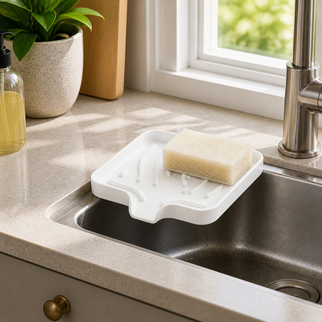 Cozy Haven Self-Draining Sink Caddy in White on a kitchen sink edge