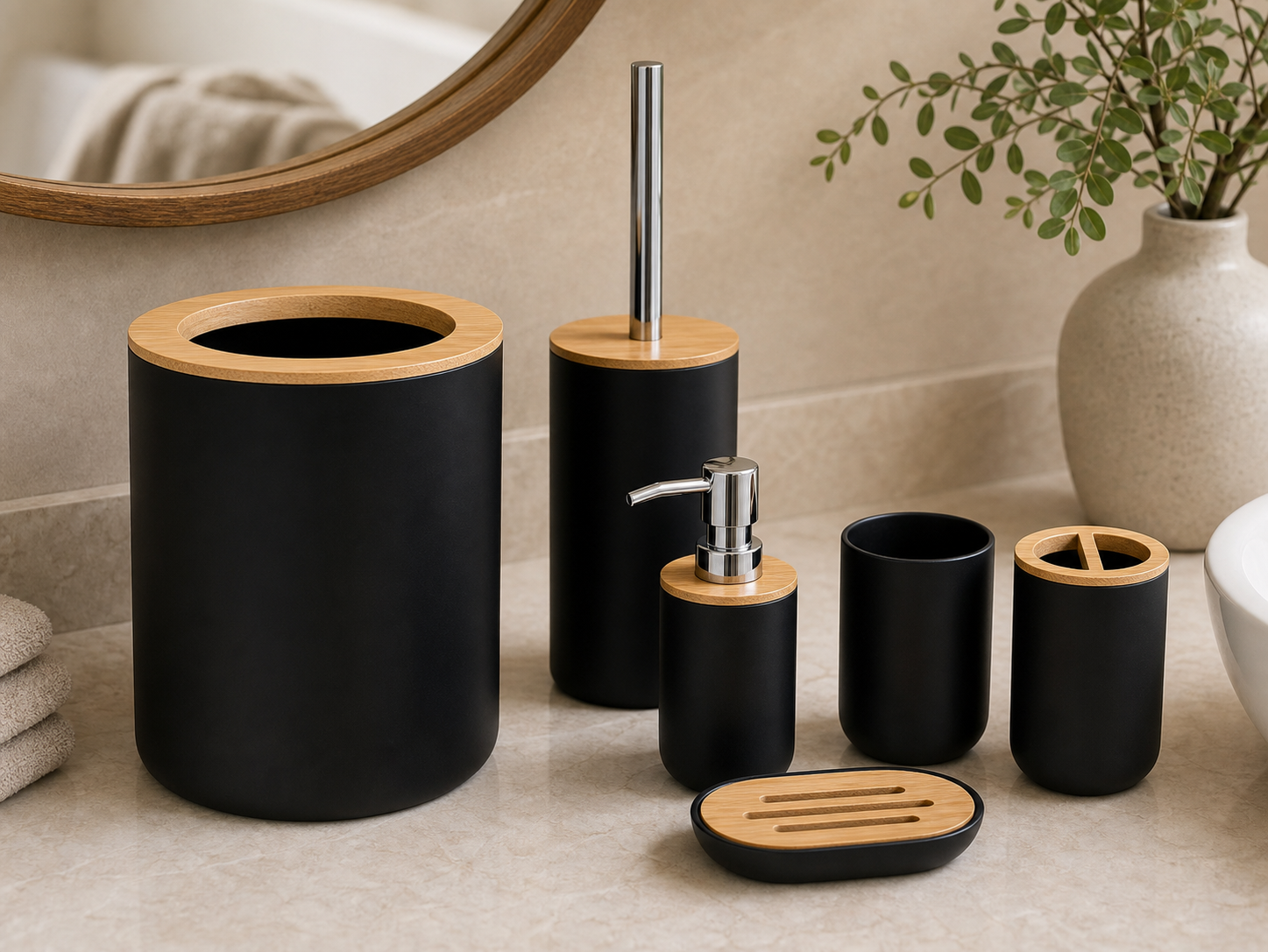 Cozy Haven Set Soap Dispenser Box Toilet Brush Lotion Bottle Tra