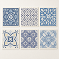 Six blue retro-pattern Swedish dishcloths arranged in a countable two-by-three flat lay