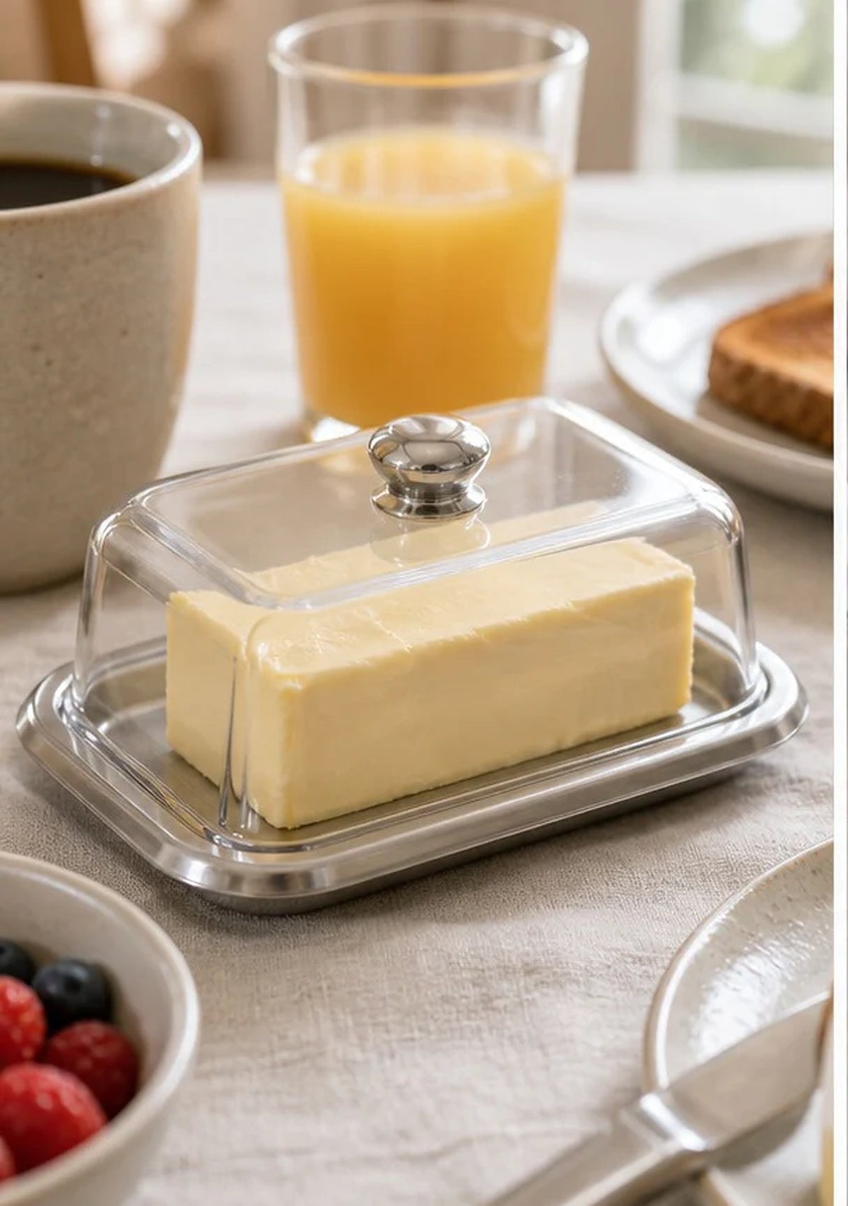 Cozy Haven Stainless Butter Dish with Lid styled in a home setting