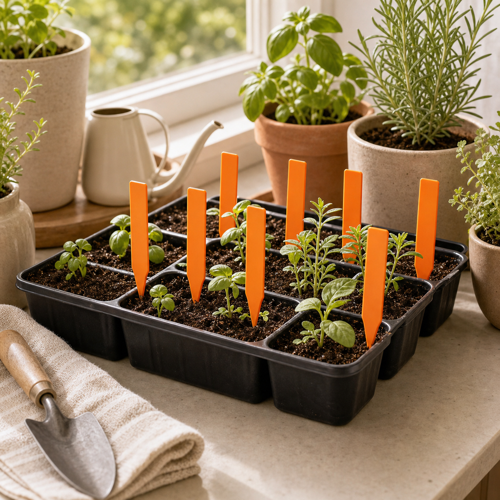 Cozy Haven T-Shaped Plant Labels lifestyle image 1 for Orange / 9.9 x 1.8 cm / 30 Piece Set; Orange / 9.9 x 1.8 cm / 50 Piece Set; Orange / 9.9 x 1.8 cm / 100 Piece Set