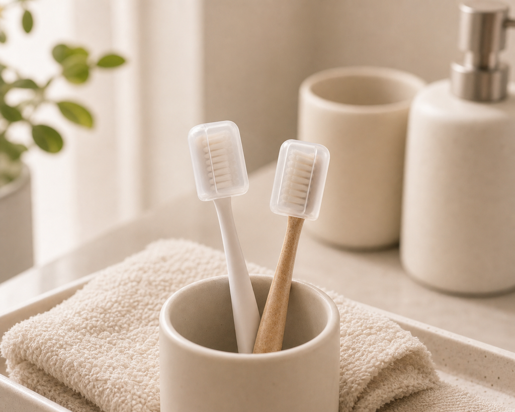 Two translucent toothbrush cover caps on brushes in a cup