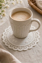 Cozy Haven vintage white lace coaster mat under ceramic mug