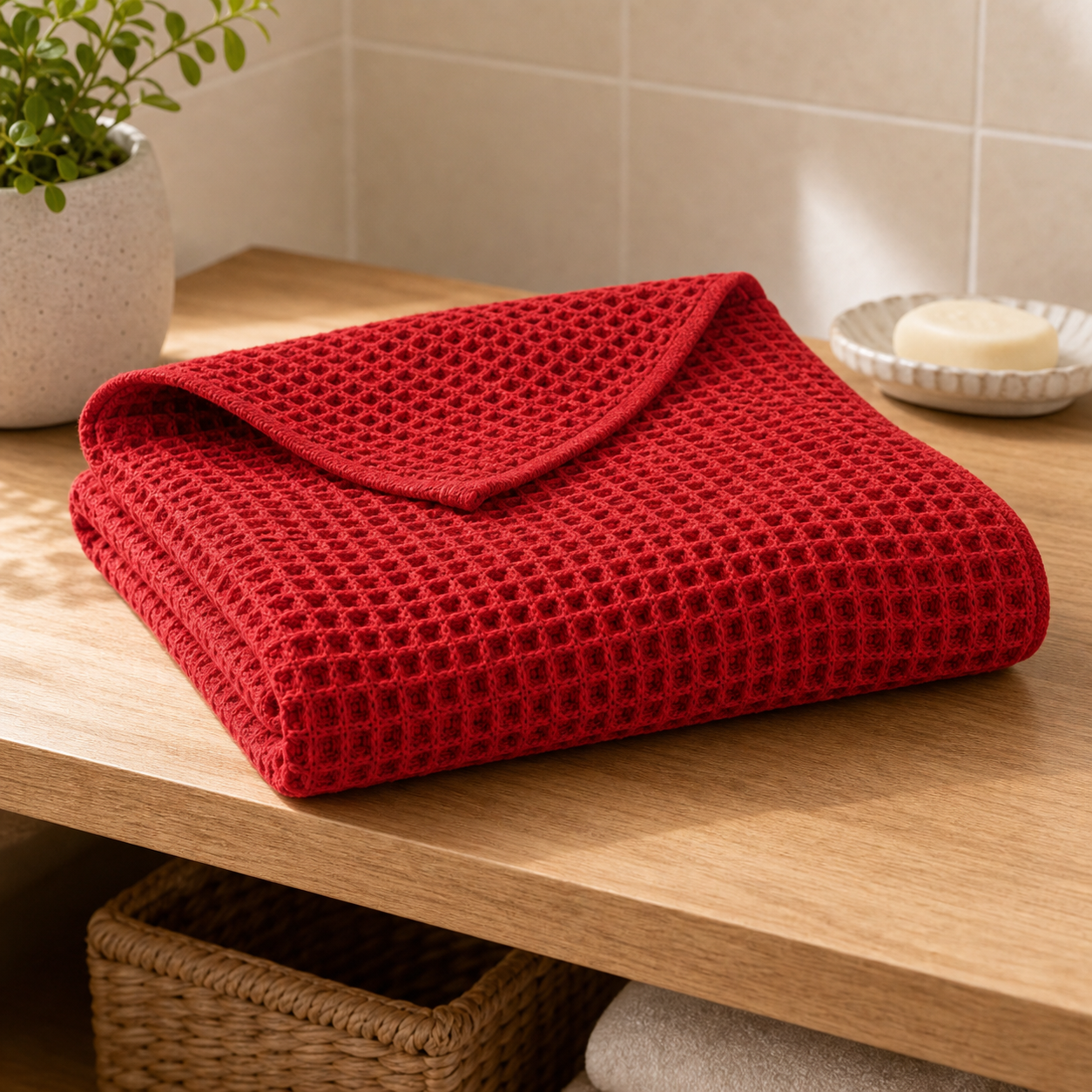 Cozy Haven Waffle Stonewashed Cotton Bath Towel - Red