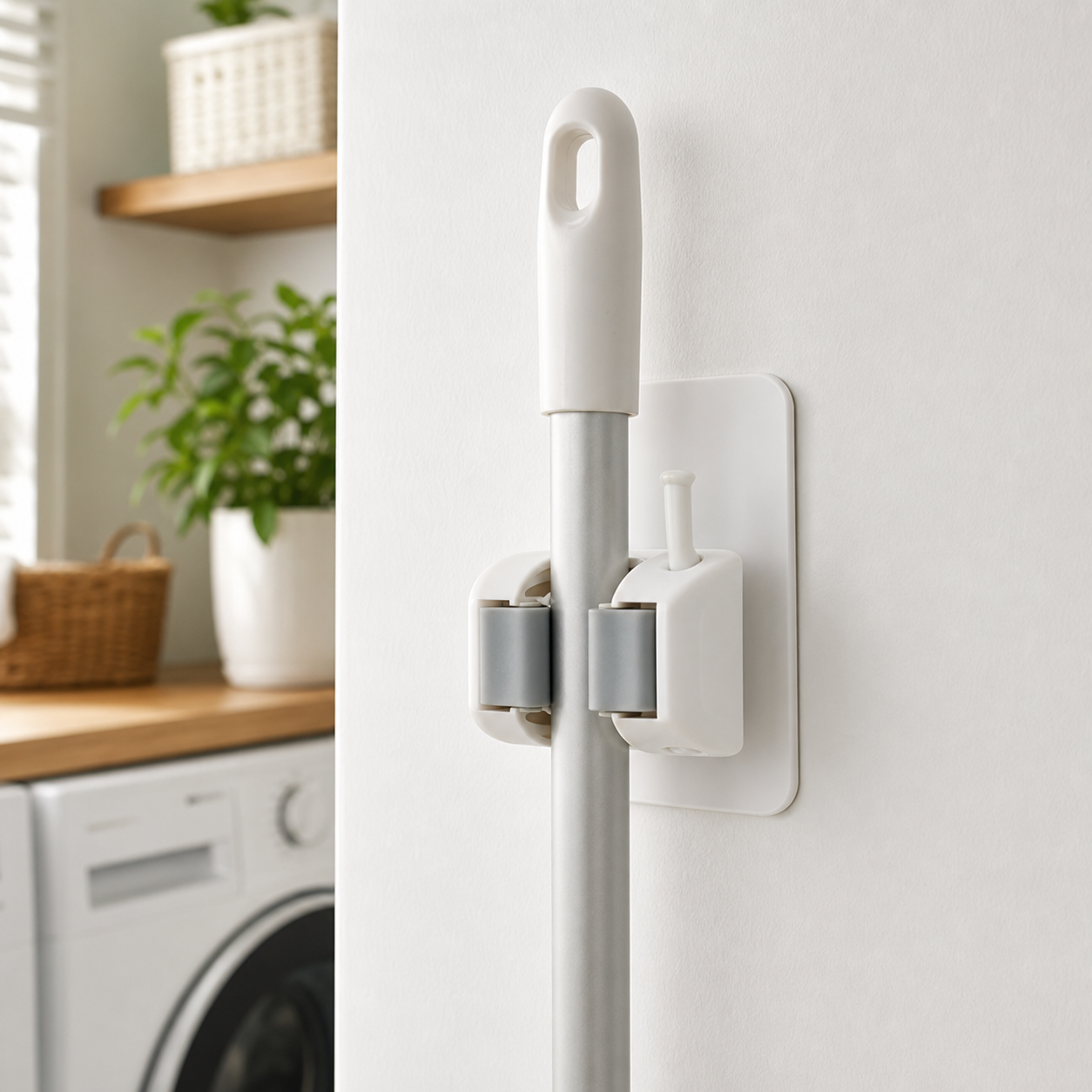 Cozy Haven White Adhesive Broom Mop Clip Holder - 1 piece in use