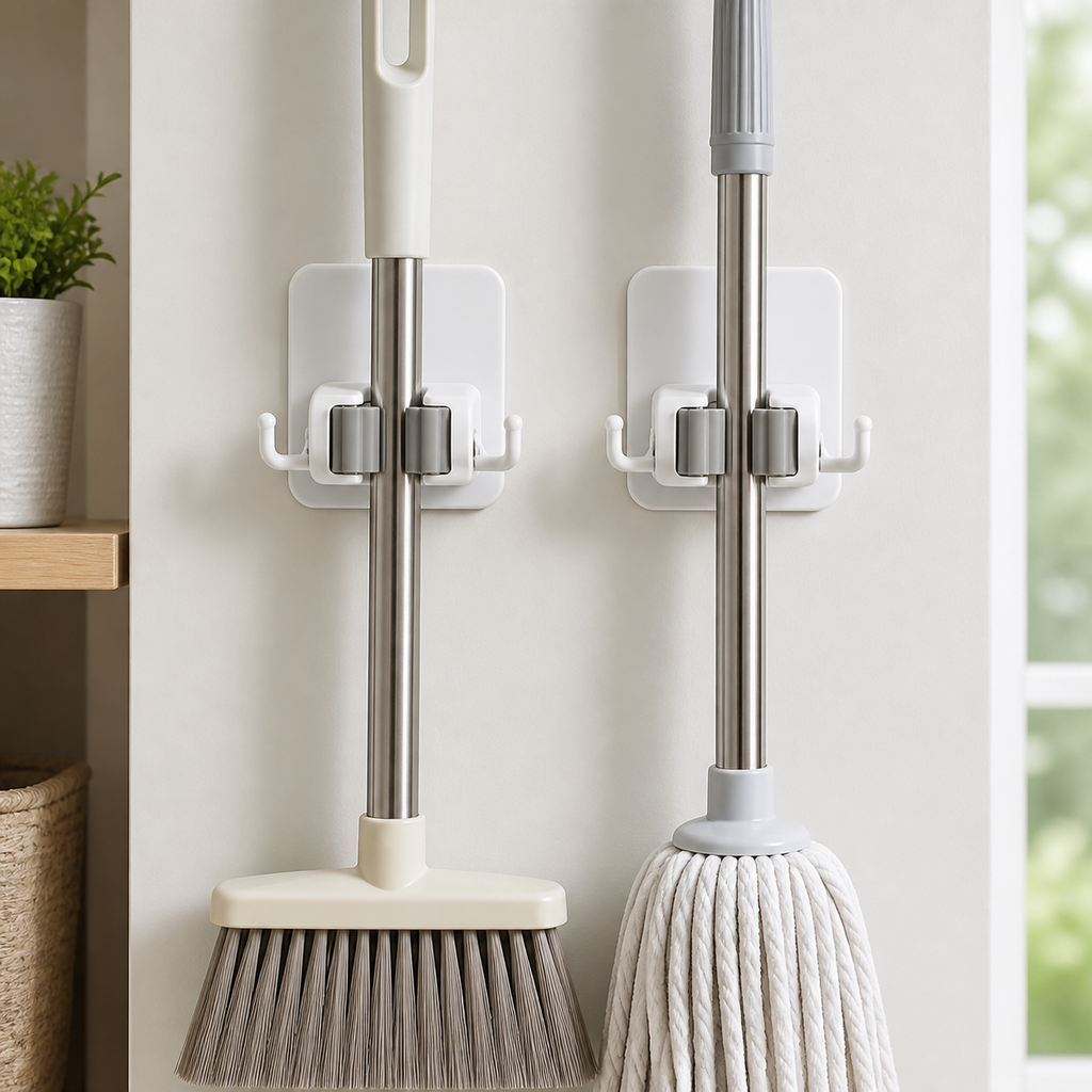 Cozy Haven White Adhesive Broom Mop Clip Holder - 2 piece set