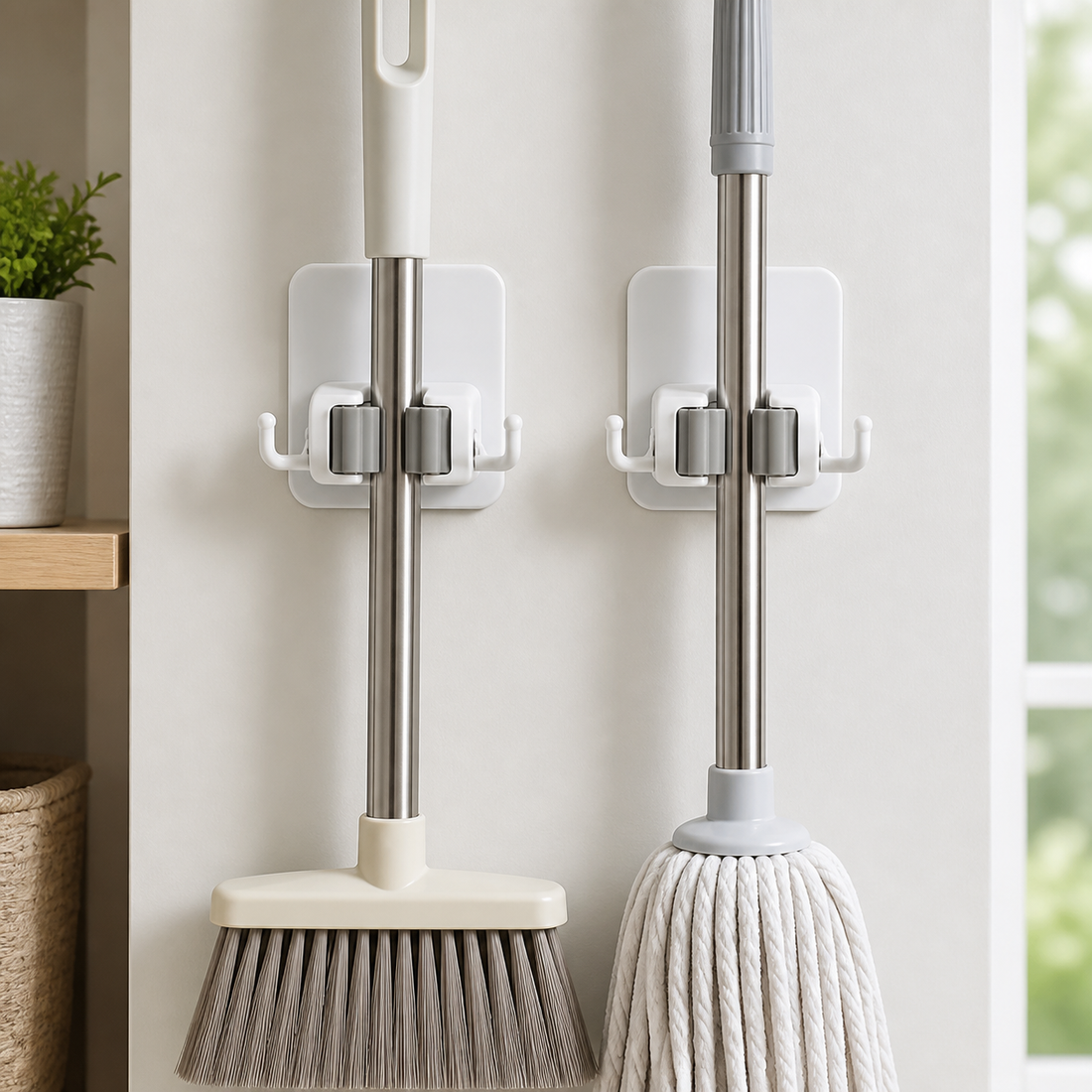 White Adhesive Broom Mop Clip Holder