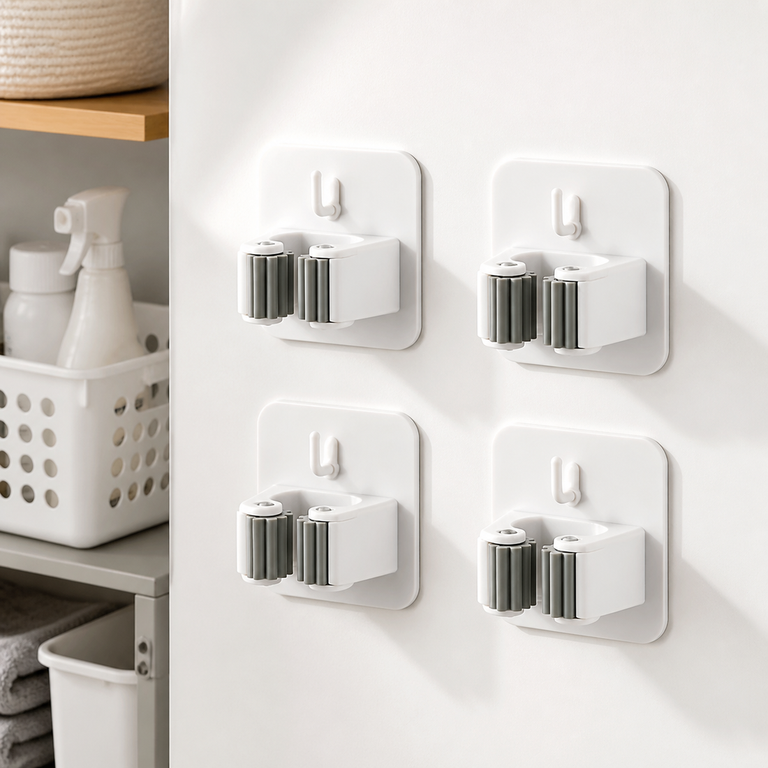 White Adhesive Broom Mop Clip Holder