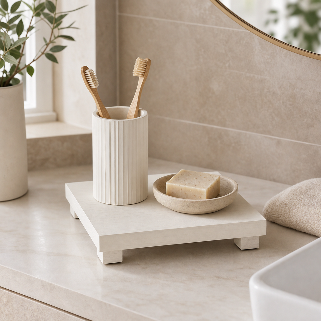Cozy Haven Wooden Square Bathroom and Storage Tray - Off white lifestyle image