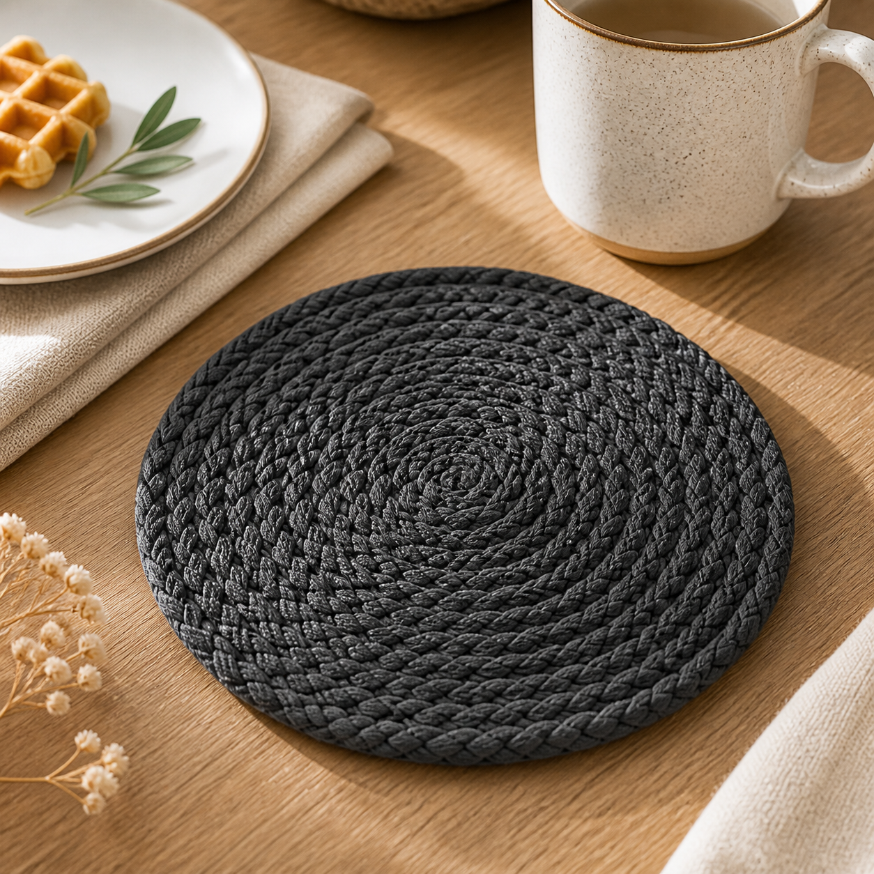 Cozy Haven Woven Coaster and Placemat - Black Gray