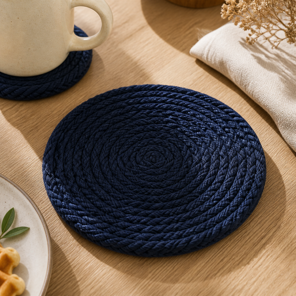 Cozy Haven Woven Coaster and Placemat - Navy Blue