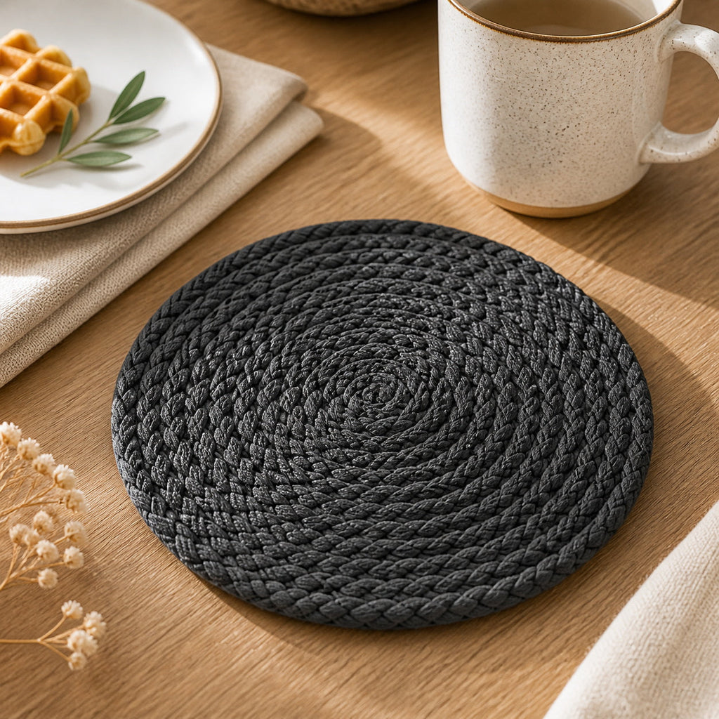 Cozy Haven Round Woven Coaster and Placemat - Black Gray