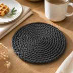 Cozy Haven Round Woven Coaster and Placemat - Black Gray