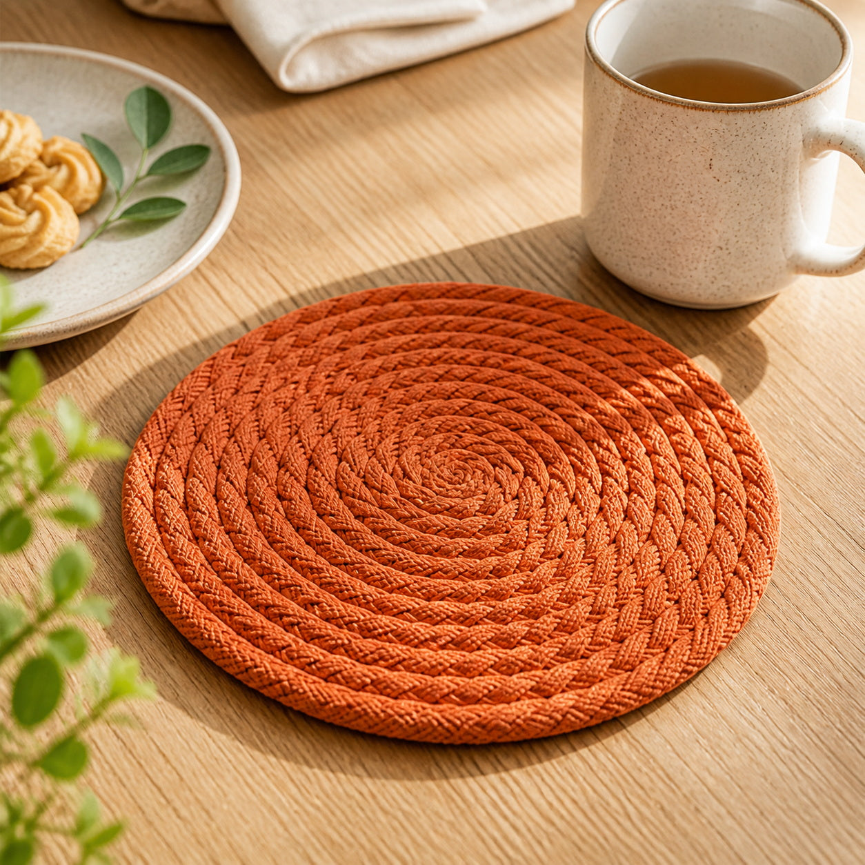 Cozy Haven Round Woven Coaster and Placemat - Orange Red