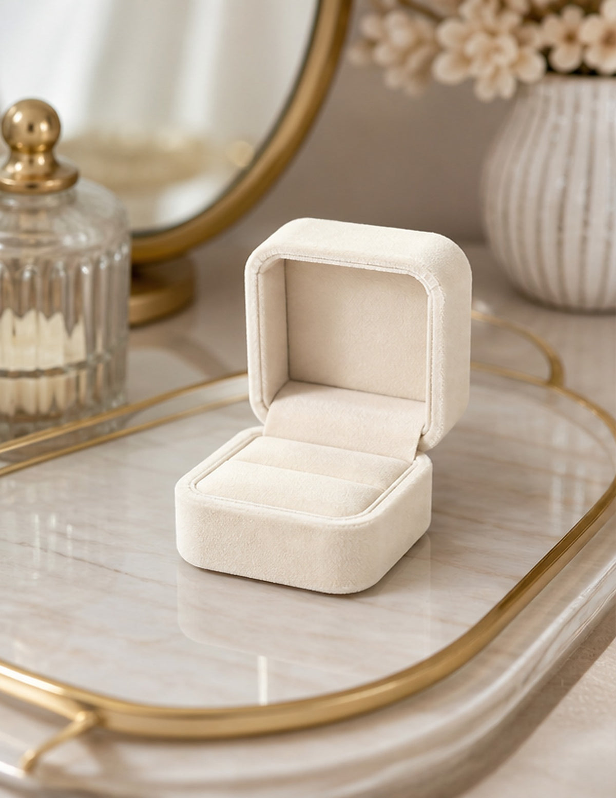 Cozy Haven Cream Velvet Ring Box styled in a home setting