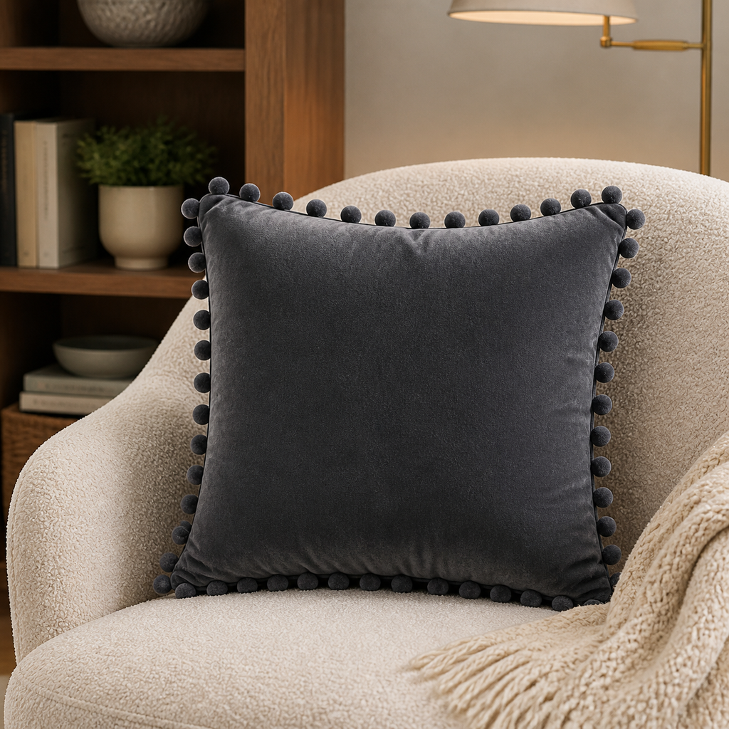 Cozy Haven Pom-Pom Velvet Pillow Cover - Charcoal Gray / 45 x 45 cm, Charcoal Gray / 40 x 40 cm