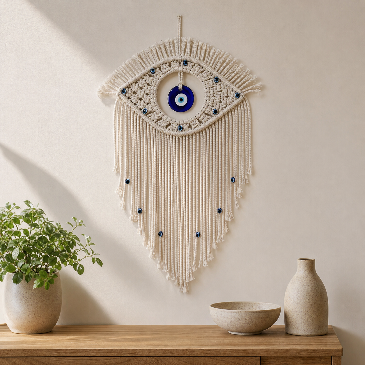 Cozy Haven Evil Eye Macrame Wall Hanging in a warm bedroom