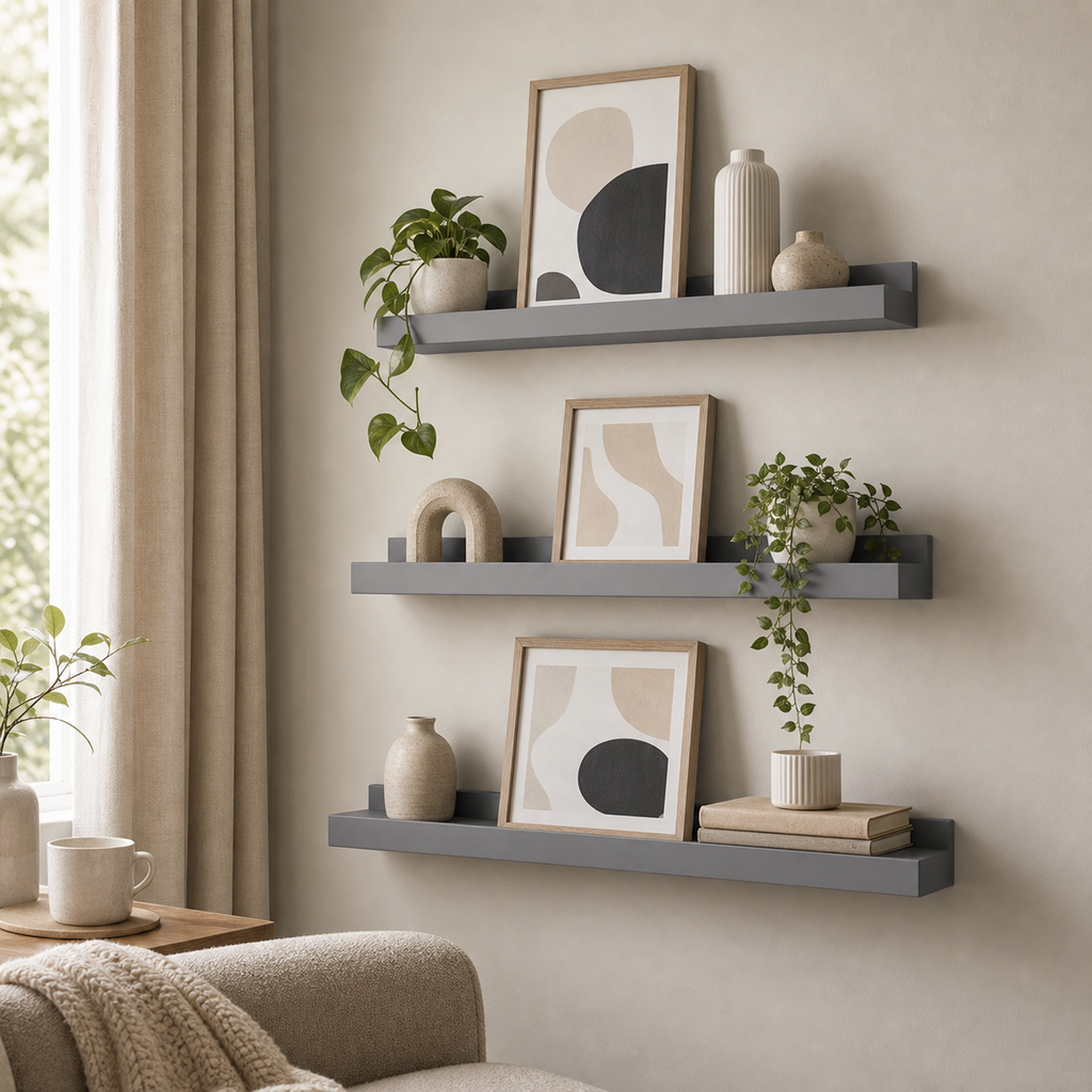 Cozy Haven Floating Wall Shelves Set styled lighting view 8 for Gray