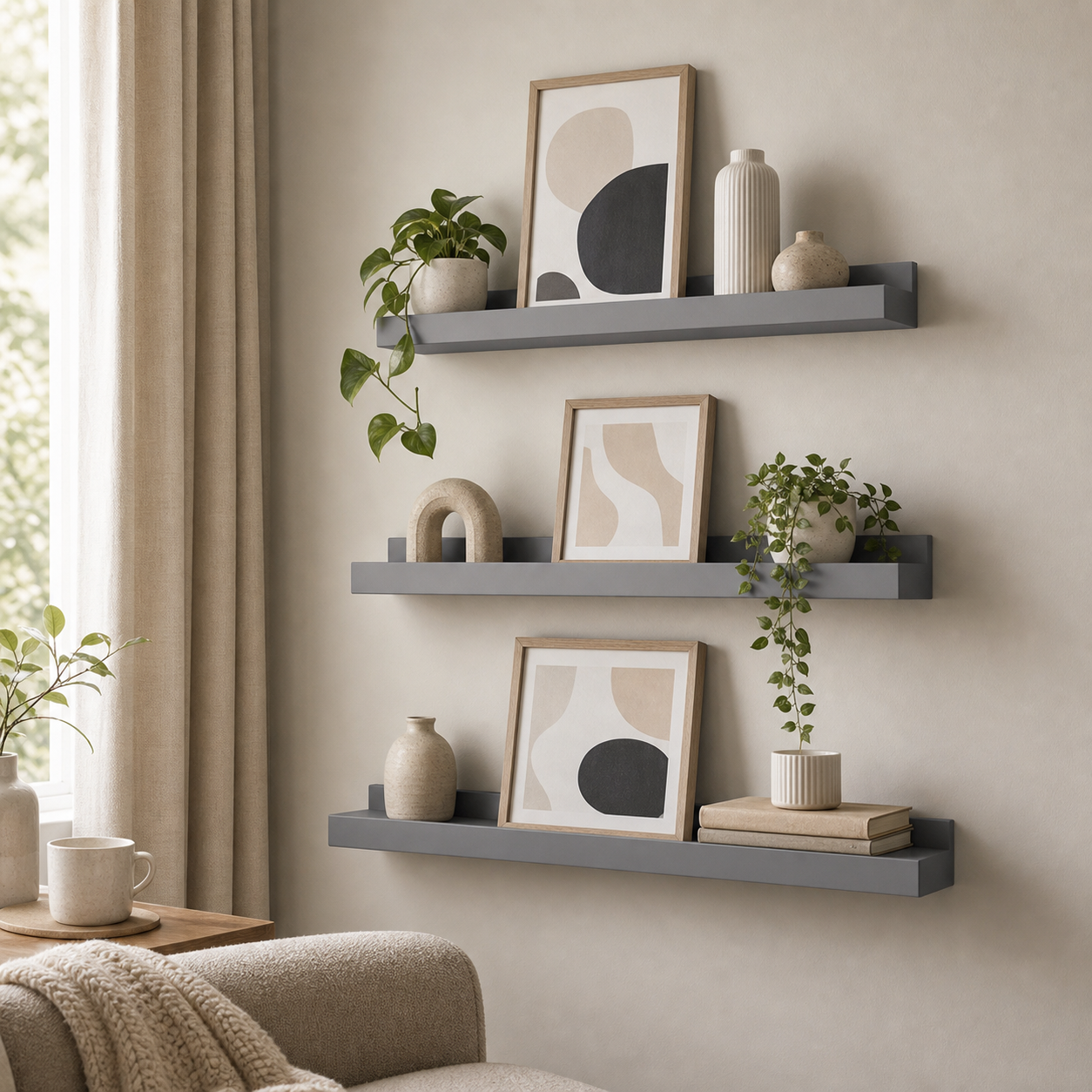 Cozy Haven Floating Wall Shelves Set styled lighting view 8 for Gray