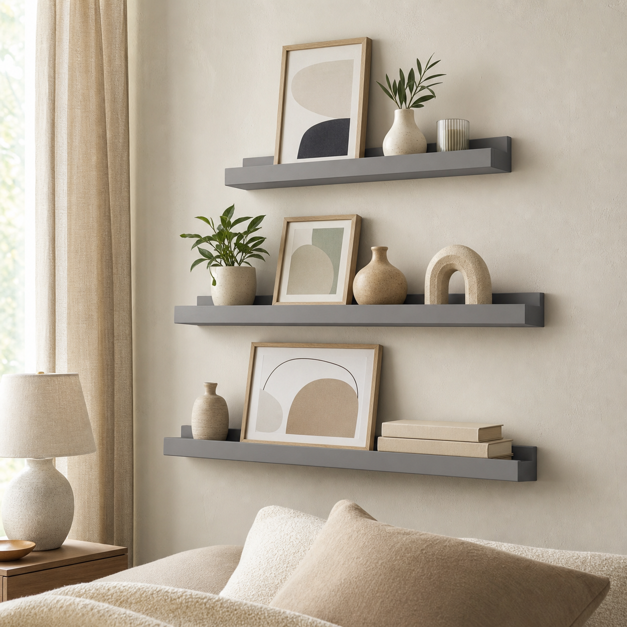 Cozy Haven Floating Wall Shelves Set styled lighting view 9