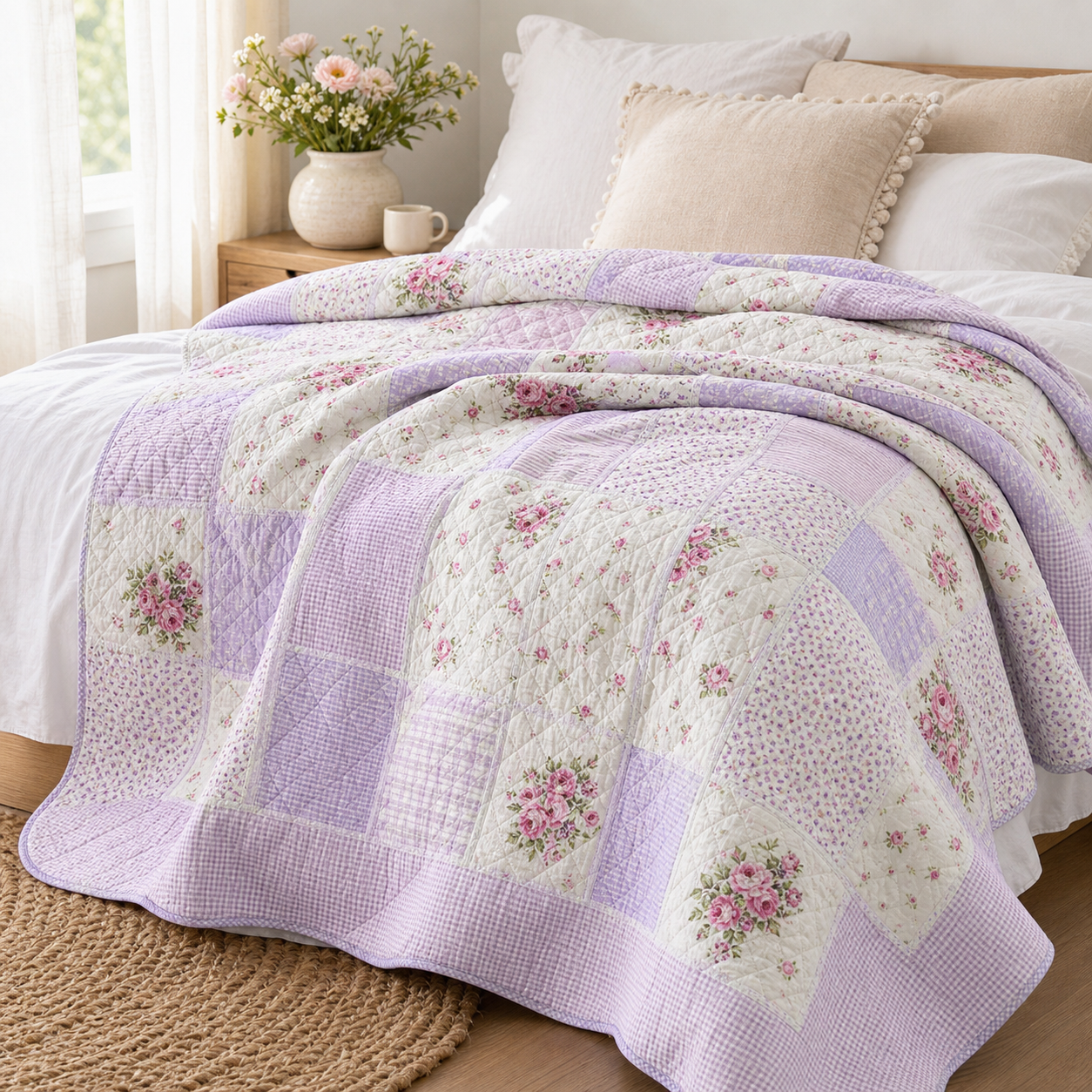Cozy Haven Floral Quilted Throw Blanket - Lavender