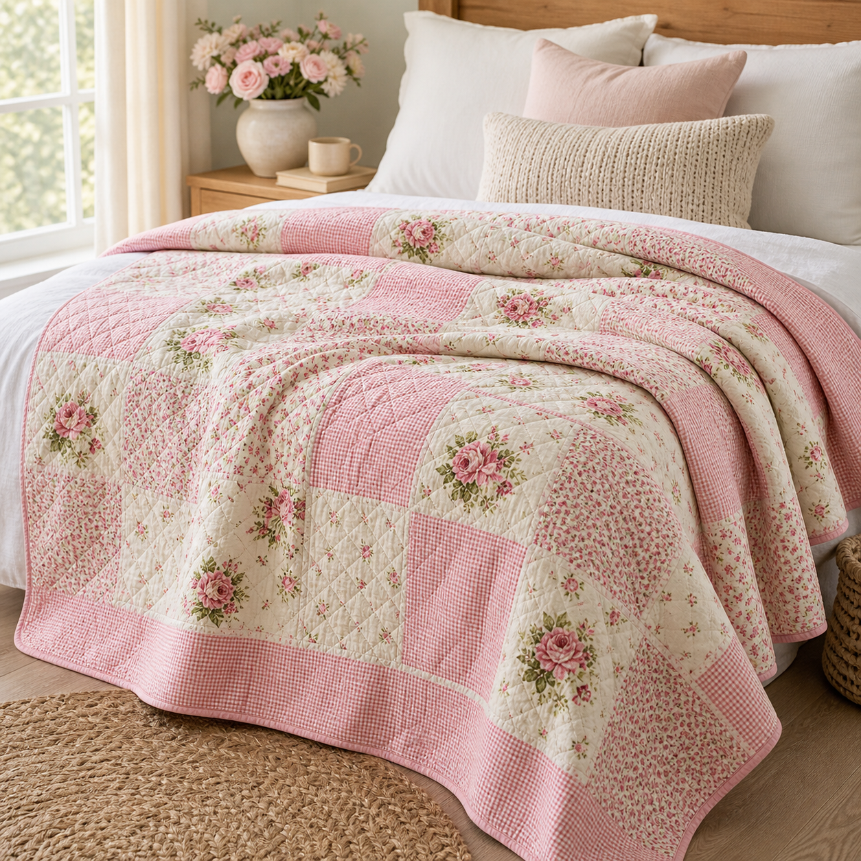 Cozy Haven Floral Quilted Throw Blanket - Pink