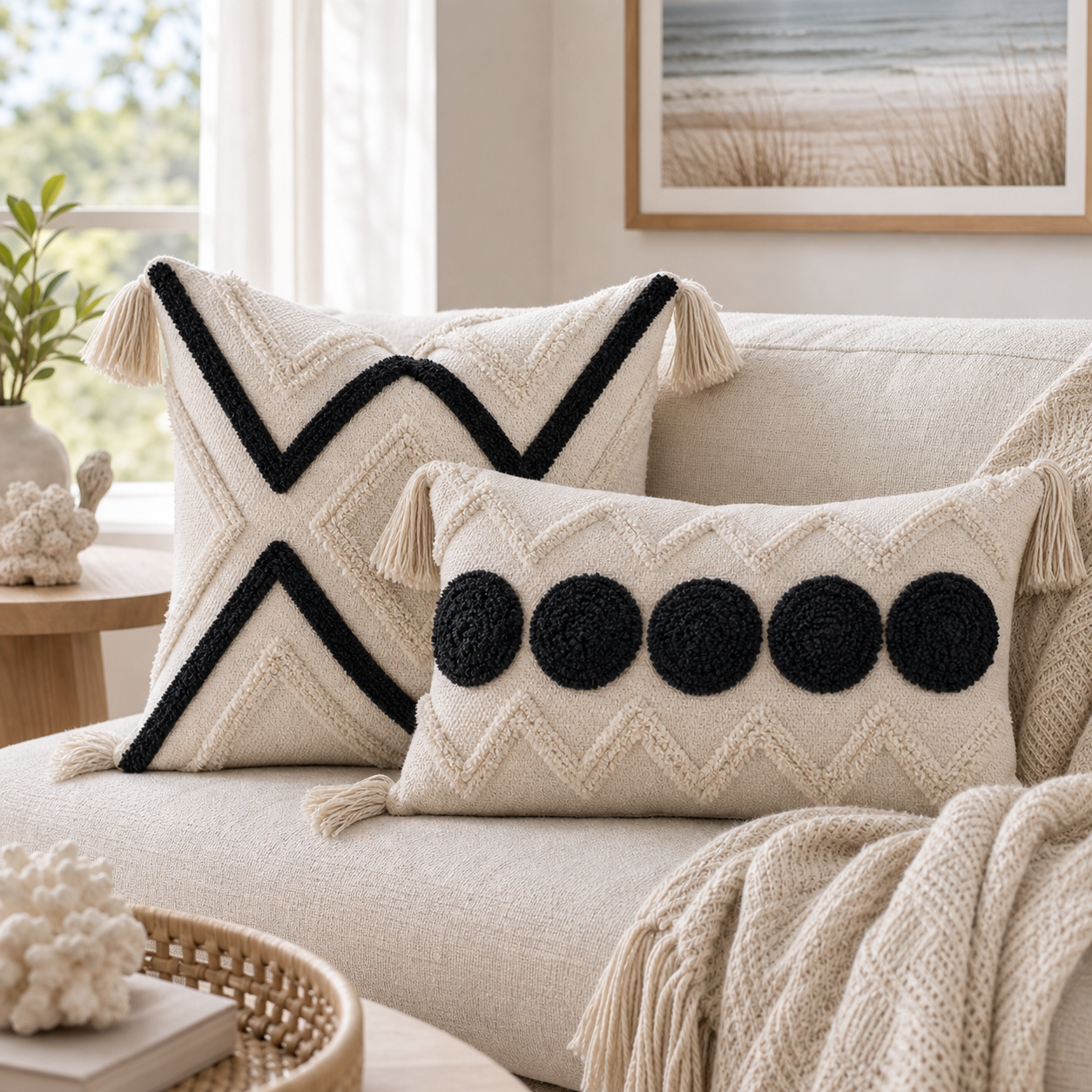 Cozy Haven Fringe Tufted Pillow Cover Set - Black