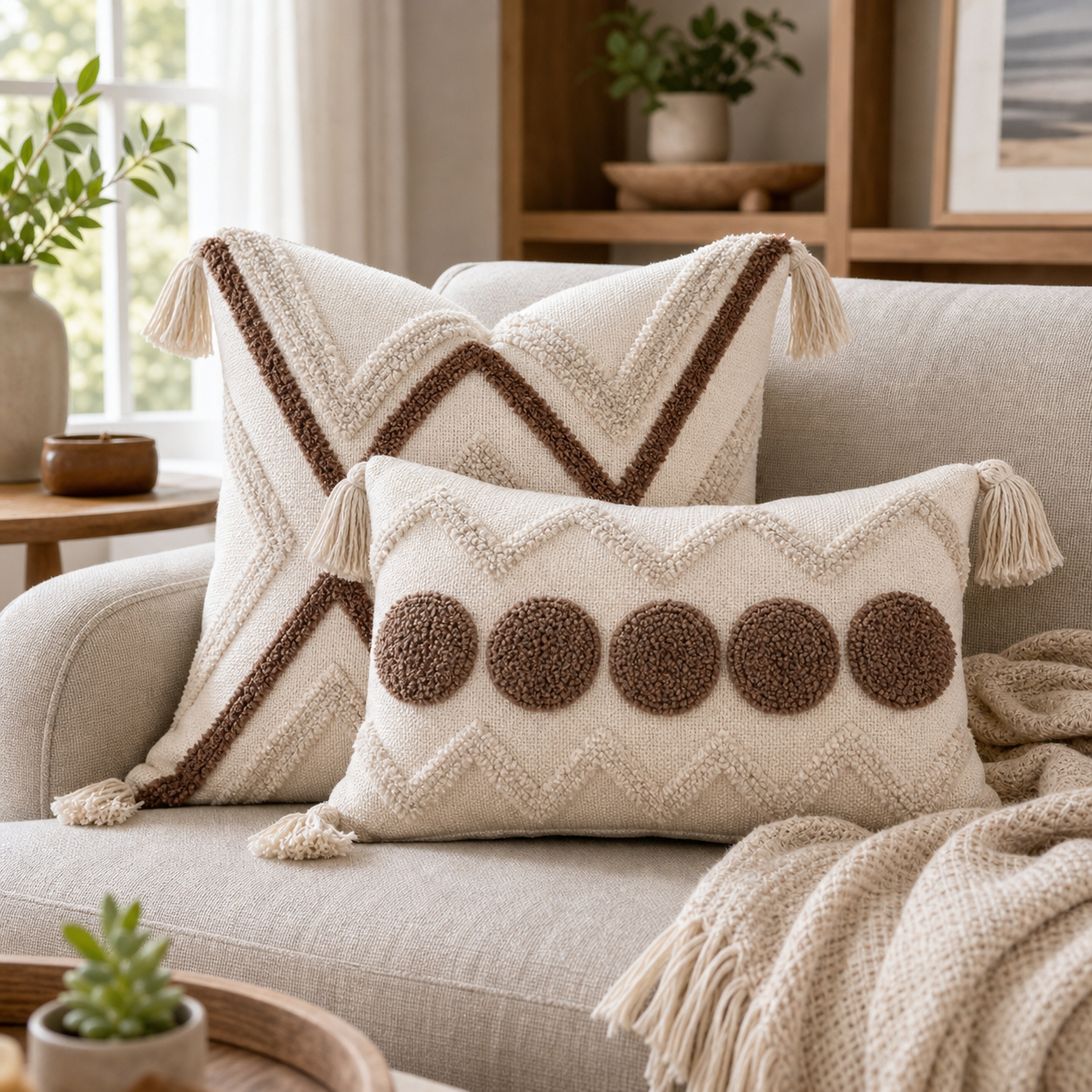 Cozy Haven Fringe Tufted Pillow Cover Set - Brown
