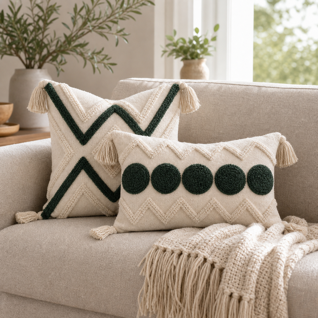 Cozy Haven Fringe Tufted Pillow Cover Set - Dark Green