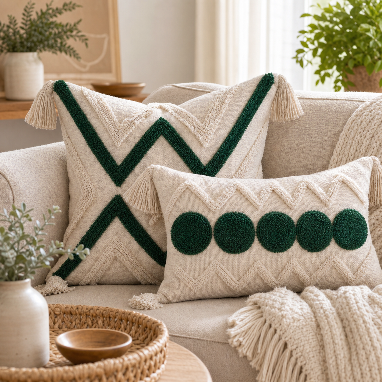 Cozy Haven Fringe Tufted Pillow Cover Set - Green