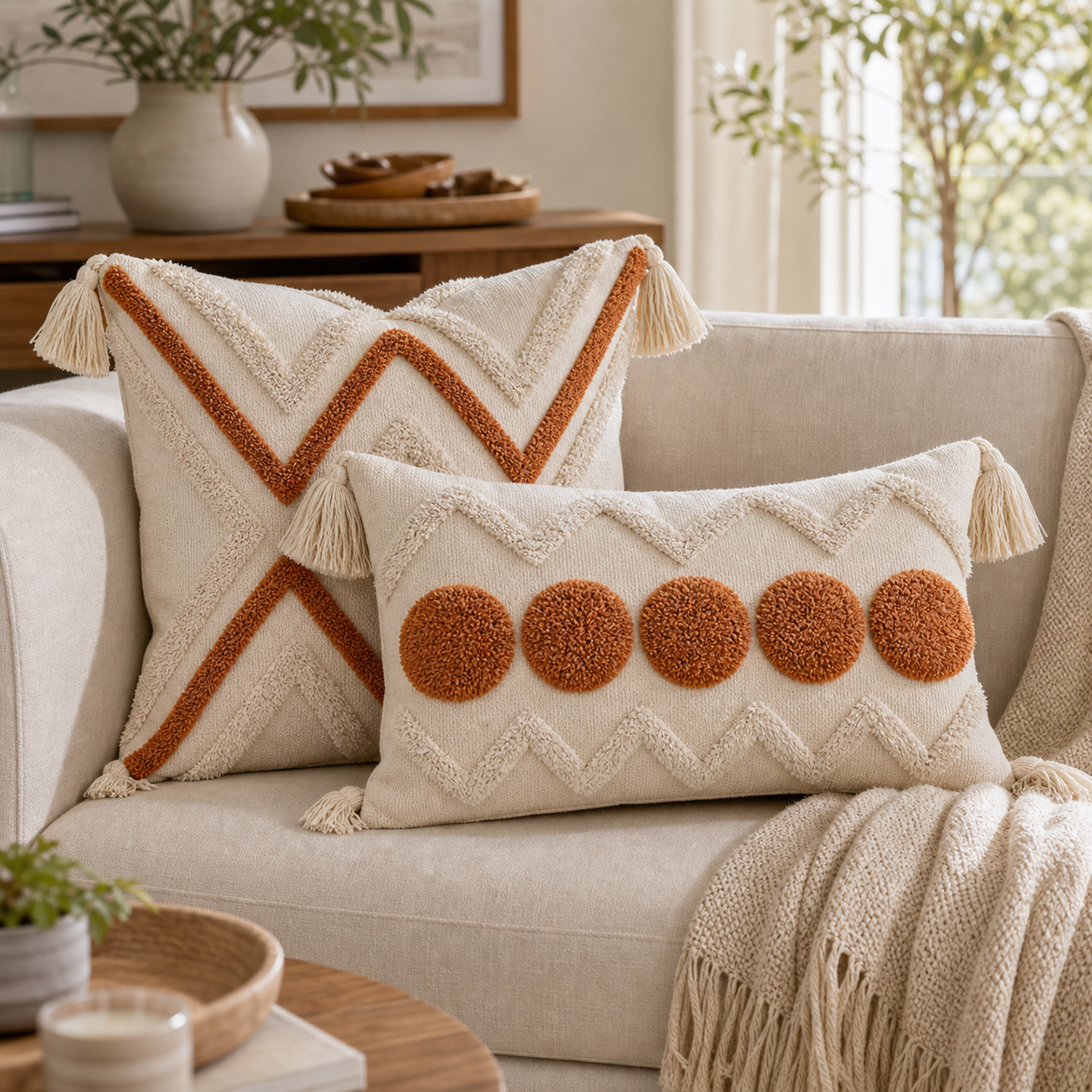 Cozy Haven Fringe Tufted Pillow Cover Set - Orange