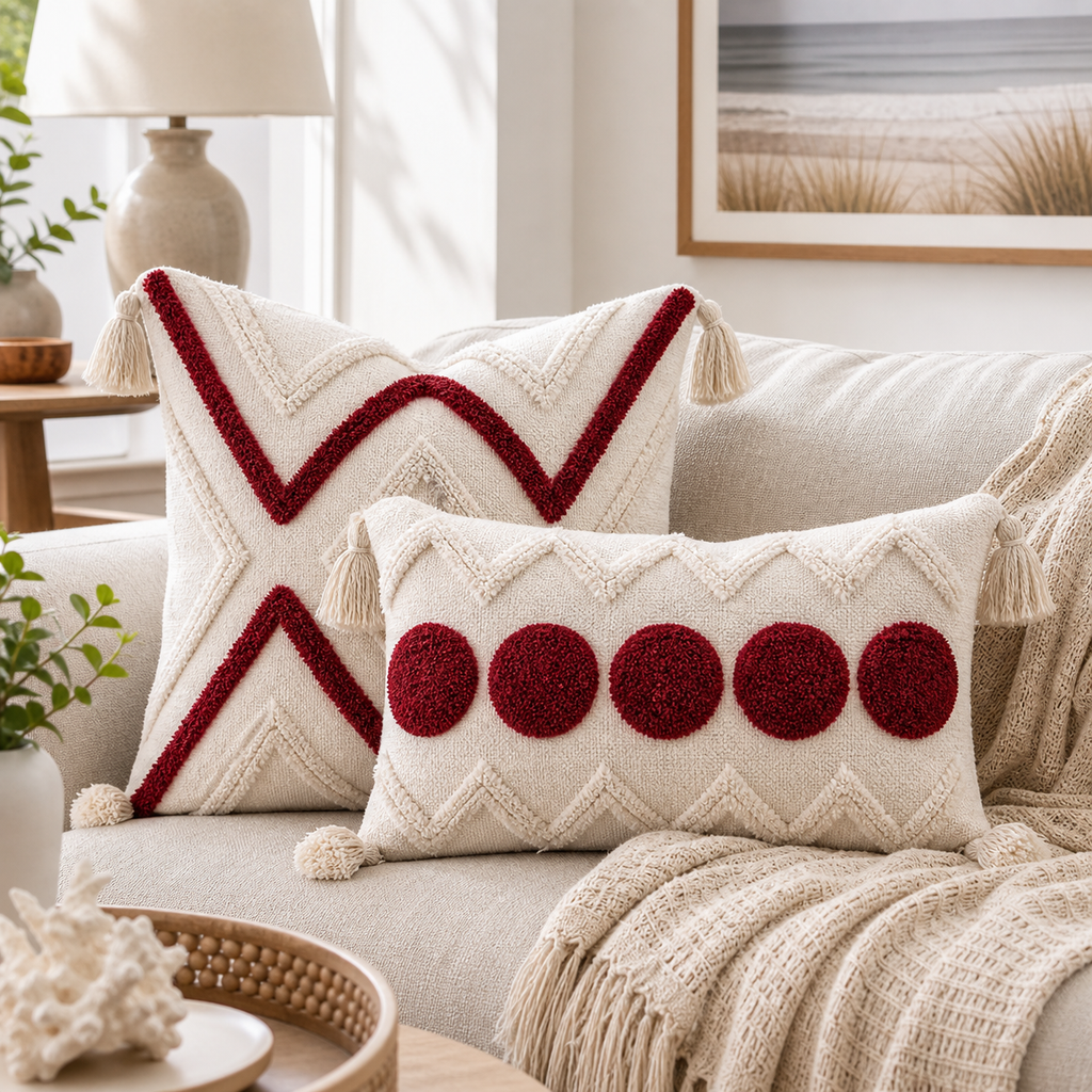 Cozy Haven Fringe Tufted Pillow Cover Set - Red