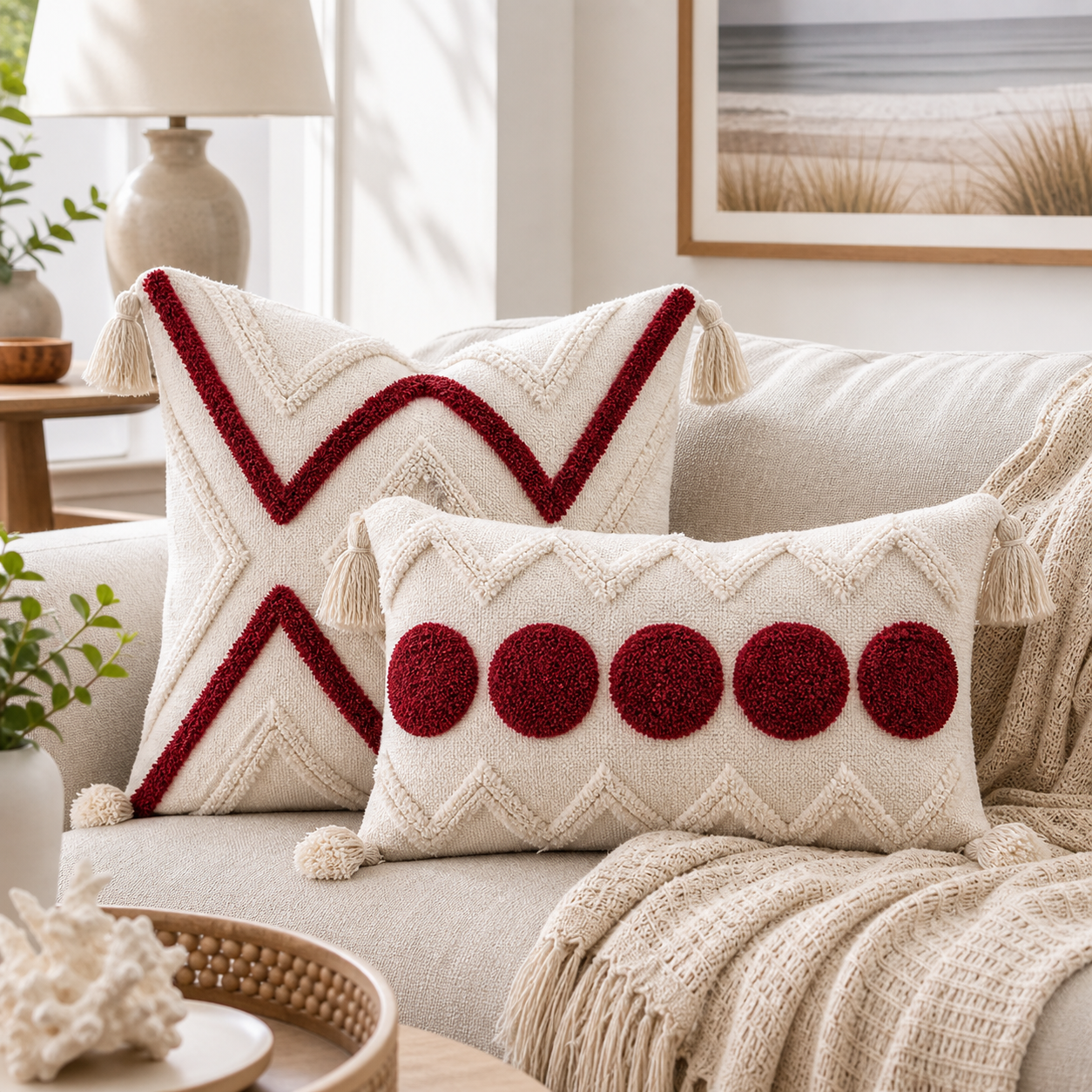Cozy Haven Fringe Tufted Pillow Cover Set - Red