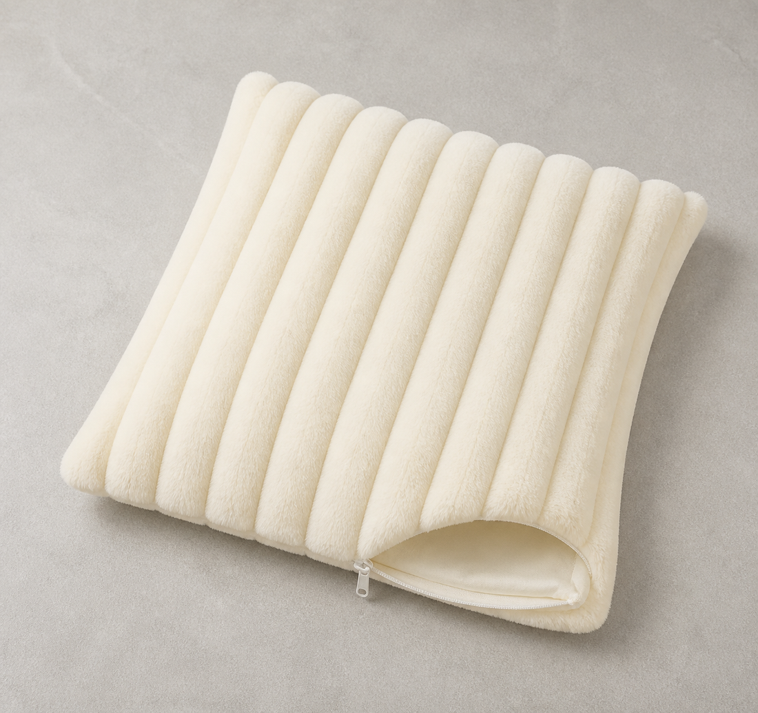 Cream White Ribbed Plush Pillow Cover - 40 x 40 cm