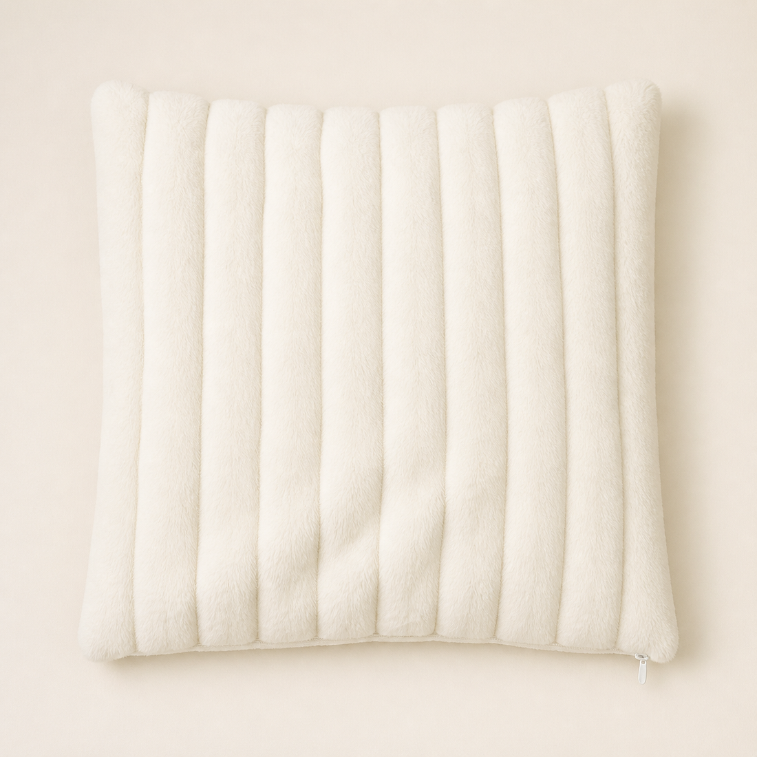 Cream White Ribbed Plush Pillow Cover - 40 x 40 cm