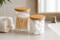 Cozy Haven Glass Qtip Holder Vanity Jar Set with Bamboo Lids lifestyle image 1