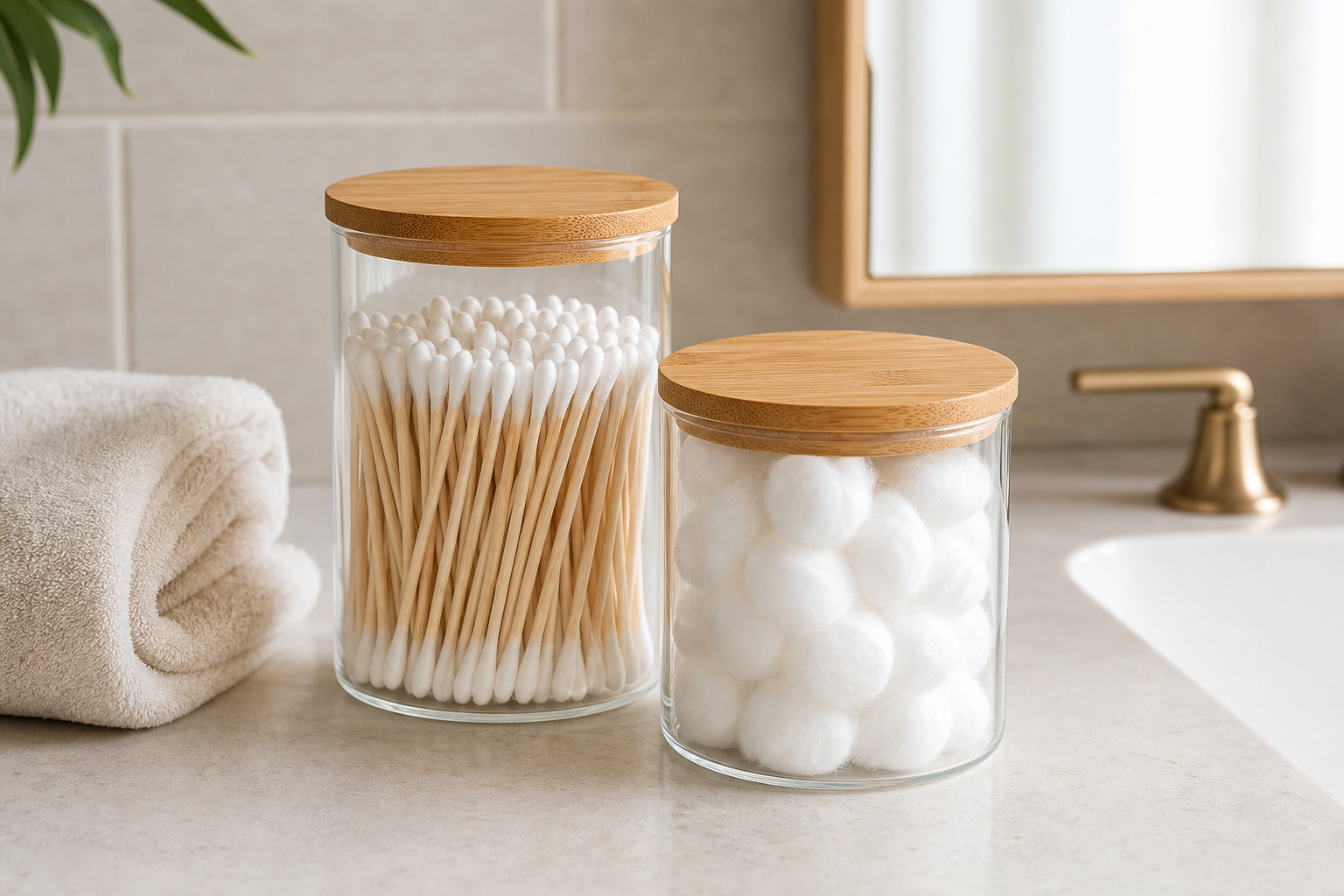 Cozy Haven Glass Qtip Holder Vanity Jar Set with Bamboo Lids lifestyle image 1