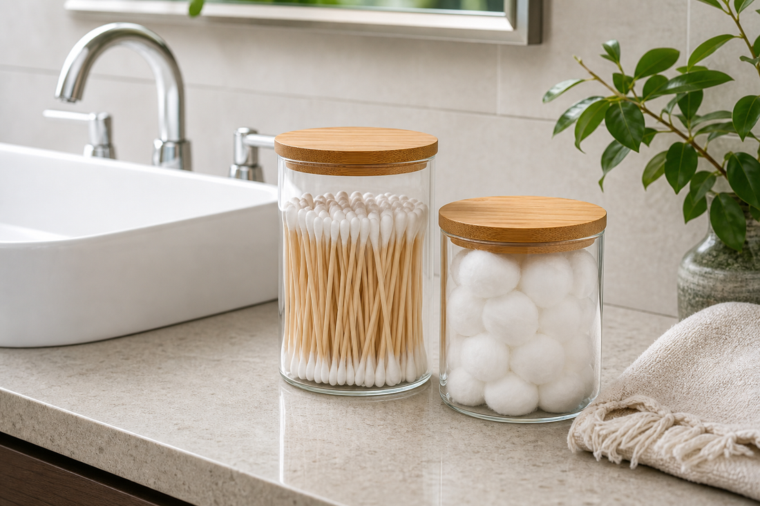 Glass Qtip Holder Vanity Jar Set with Bamboo Lids