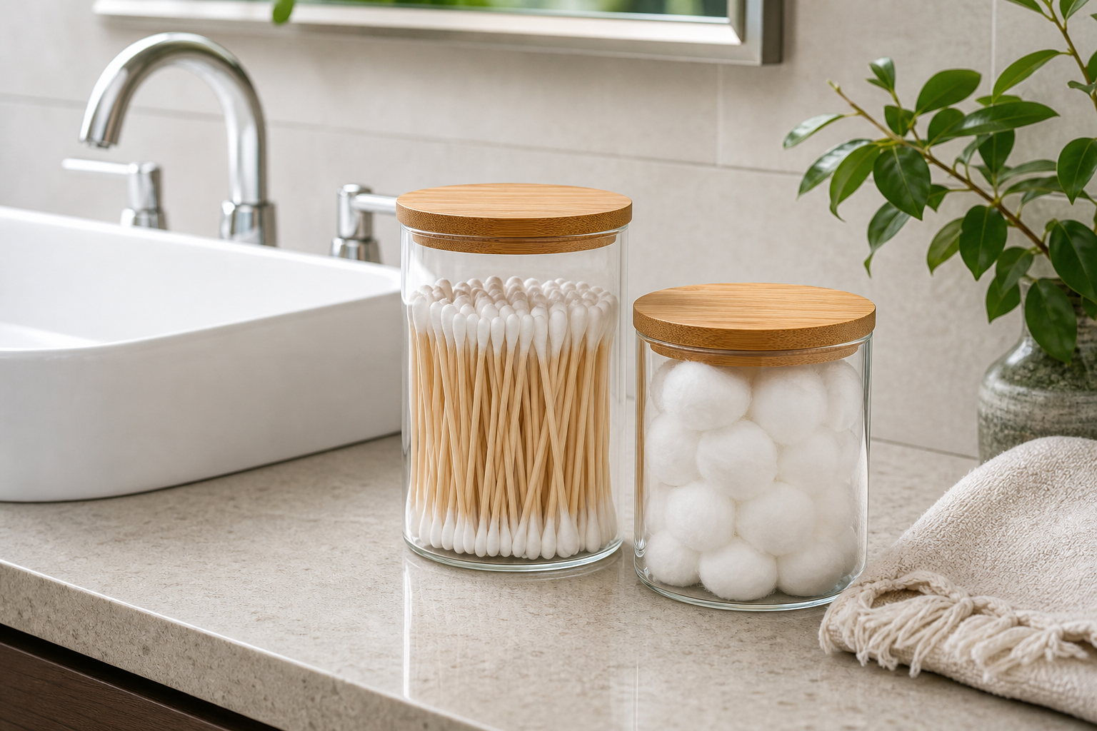 Cozy Haven Glass Qtip Holder Vanity Jar Set with Bamboo Lids lifestyle image 2