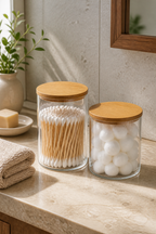 Cozy Haven Glass Qtip Holder Vanity Jar Set with Bamboo Lids lifestyle image 3