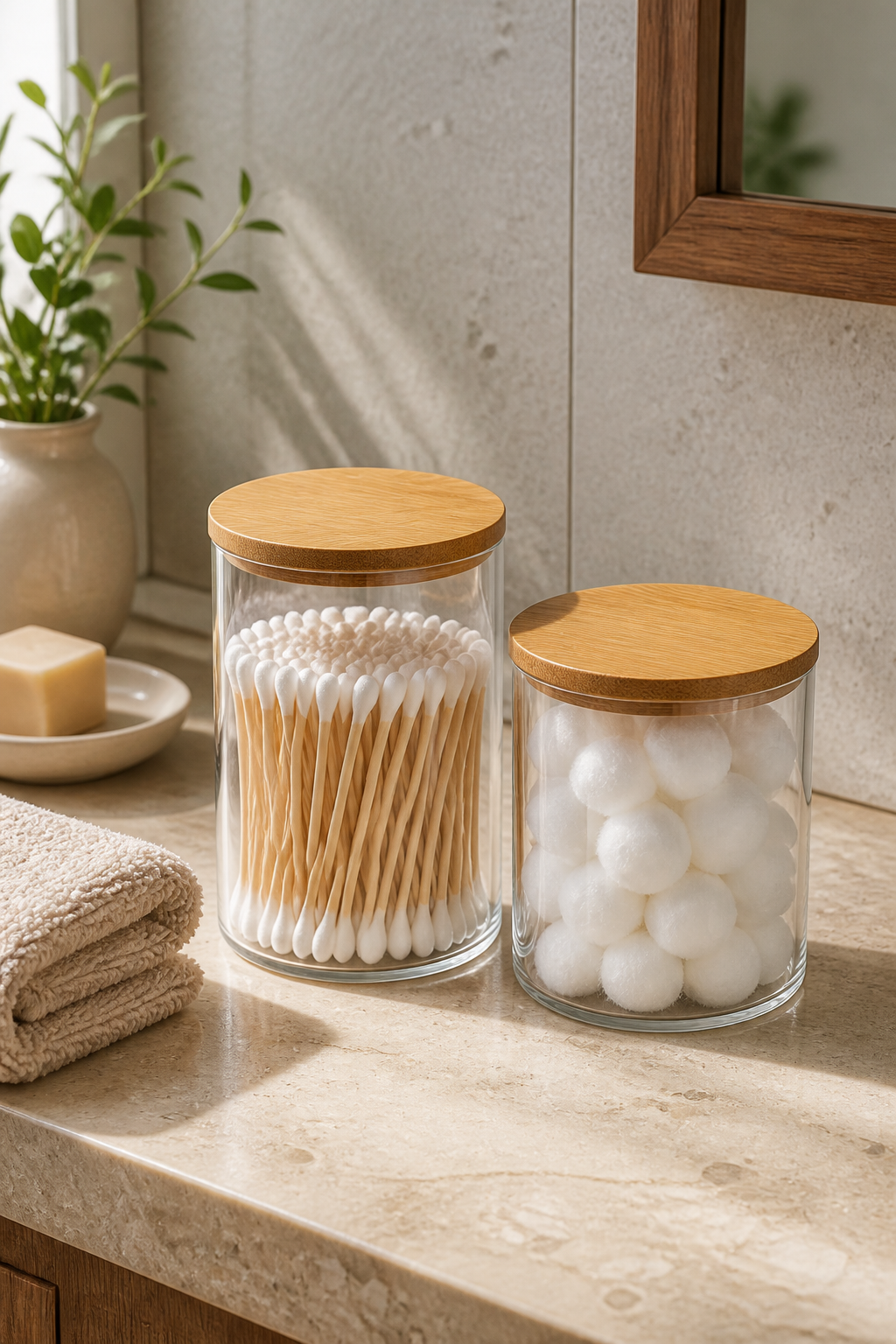 Cozy Haven Glass Qtip Holder Vanity Jar Set with Bamboo Lids lifestyle image 3