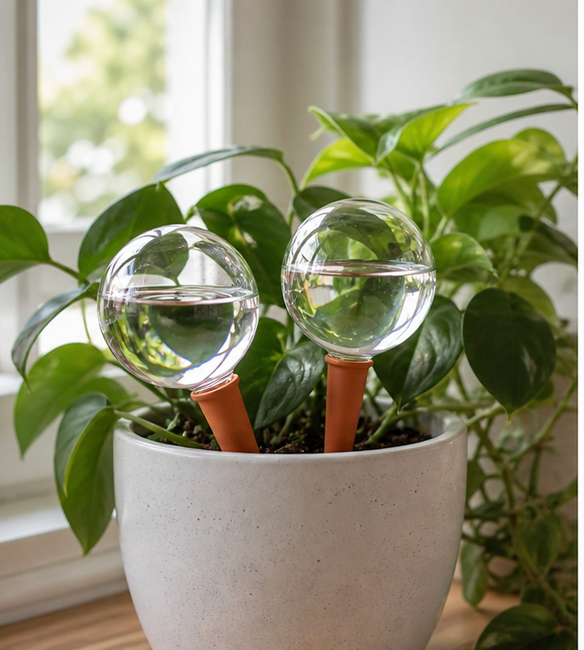 Cozy Haven Glass Plant Watering Globes - 2-Piece Set styled in a home setting